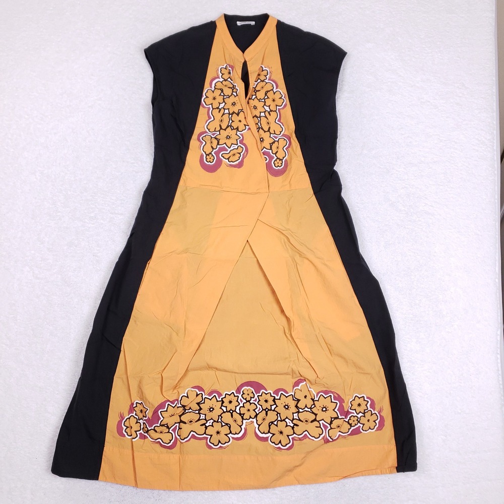 Tomas Maier Dress Womens 2 Black Orange Cotton Floral Graphic Resort Midi
